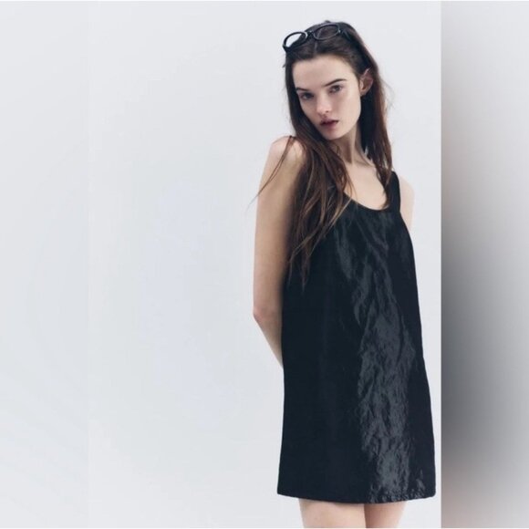 Zara Black Satin Effect Mini Shift‎ Dress Size Small Minimalist Monochrome Party - Picture 1 of 9